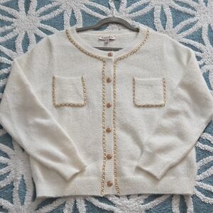 Nanette Lepore Cream Cardigan with Gold Chain Trim